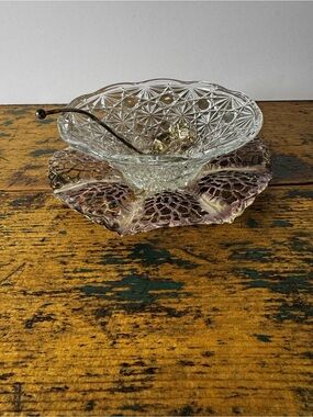Clear Pressed Glass Serving Bowl with Silver-tone Underplate and Spoon